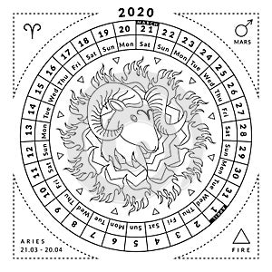 Aries zodiacal coloring book with caledar of year 2020