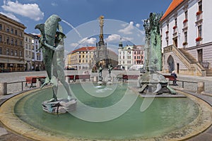 Arion fountain and the Trinity column on Upper square in Olomouc, Czech Republic.
