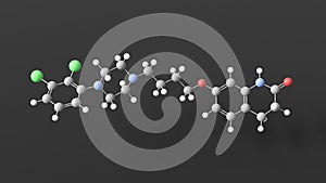aripiprazole molecular structure, atypical antipsychotic, ball and stick 3d model, structural chemical formula with colored atoms