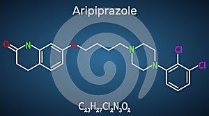 Aripiprazole, neurotransmitter, atypical antipsychotic drug  molecule. Structural chemical formula on the dark blue background