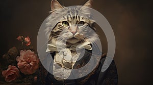 Aristocratic Cat in Traditional Period Garb. A portrait of a majestic long-haired cat wearing traditional period attire photo