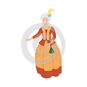 Aristocratic lady in luxury historical costume of 18th century. Rococo fashion style cartoon vector illustration