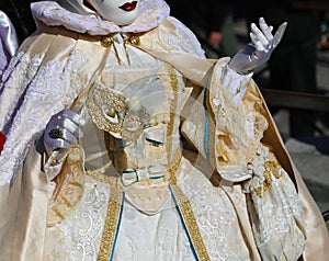 aristocratic woman in mask with handmade costume and white glove during the carnival in Venice