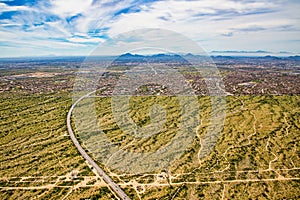 Arizona Desert aerial view looking south towards the City of Phoenix Skyline