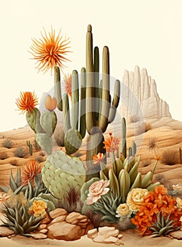 Arizona Desert Landscape with Blooming Cactuses.