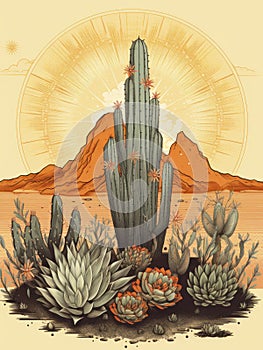 Arizona Desert Landscape with Blooming Cactuses Vintage Illustration.