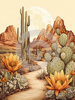 Arizona Desert Landscape with Blooming Cactuses Vintage Illustration.