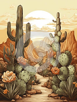 Arizona Desert Landscape with Blooming Cactuses Vintage Illustration.