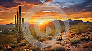 Arizona desert landscape with Saguaro cactus at sunset. Generative AI.