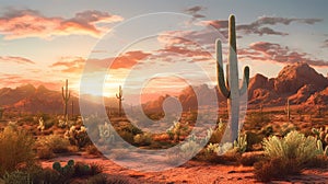 Arizona desert landscape with Saguaro cactus at sunset. Generative AI.