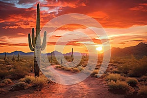 Arizona Desert Landscape at Sunset with Saguaro Cactus