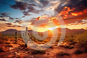 Arizona Desert Landscape at Sunset with Saguaro Cactus