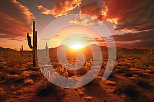 Arizona Desert Landscape at Sunset with Saguaro Cactus