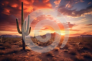 Arizona Desert Landscape at Sunset with Saguaro Cactus