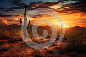 Arizona Desert Landscape at Sunset with Saguaro Cactus