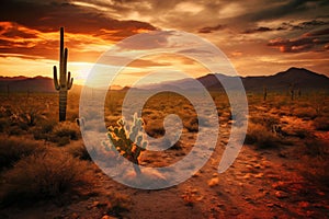 Arizona Desert Landscape at Sunset with Saguaro Cactus