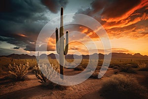 Arizona Desert Landscape at Sunset with Saguaro Cactus