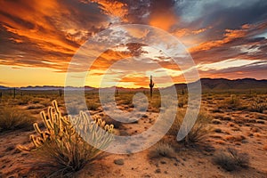 Arizona Desert Landscape at Sunset with Saguaro Cactus