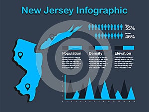 New Jersey State USA Map with Set of Infographic Elements in Blue Color in Dark Background