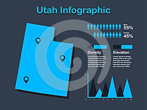 Utah State USA Map with Set of Infographic Elements in Blue Color in Dark Background