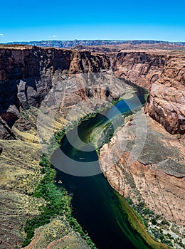 Arizona Horseshoe Bend in Grand Canyon. Travel and active lifestyle. Panoramic view. Famous hiking place.