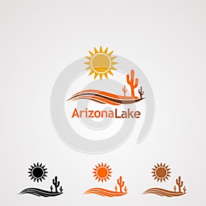 Arizona lake with sun dan tree cactus logo vector, icon, element, and template for company