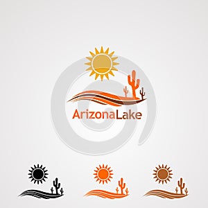 Arizona lake with sun dan tree cactus logo vector, icon, element, and template for company photo