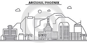 Arizona, Phoenix architecture line skyline illustration. Linear vector cityscape with famous landmarks, city sights