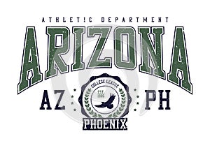 Arizona, Phoenix college style print for t-shirt with eagle. Typography graphics for college or university tee shirt design