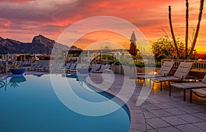 Arizona resort with pool during sunset