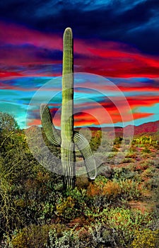 Arizona, Sedona Saquaro cactus desert sunse landscape..