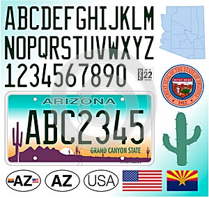 Arizona State car license plate pattern, letters, numbers and symbols, USA