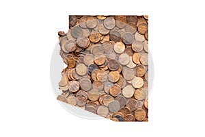 Arizona State Map and Money Concept, Piles of Coins, Pennies