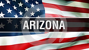 Arizona state on a USA flag background, 3D rendering. United States of America flag waving in the wind. Proud American Flag Waving