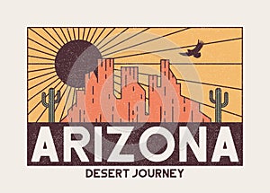 Arizona t-shirt design with rocky mountains, eagle and cactus. Vintage typography graphics for tee shirt with desert illustration.