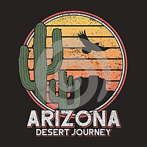 Arizona t-shirt typography with cactus, mountain and eagle. Vintage print for tee shirt graphics, slogan - desert journey. Vector photo