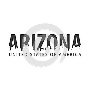 Arizona. USA. United States of America. Text or labels with silhouette of forest.