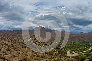 Arizona, wild west landscape with cactus view of desert valley mountains