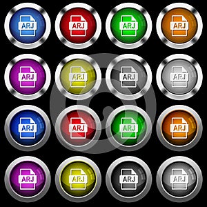 ARJ file format white icons in round glossy buttons on black background