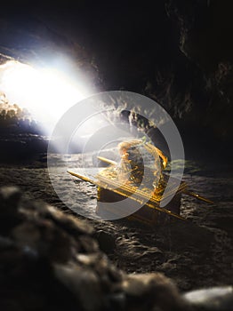 Ark of the covenant covered in cobwebs in a cave / 3D Rendering