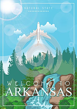 Arkansas american travel banner. Natural state. Arkansas poster with airplane