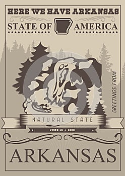 Arkansas american travel banner. Natural state. Vintage outline poster