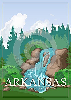 Arkansas american travel banner. Poster with landscapes