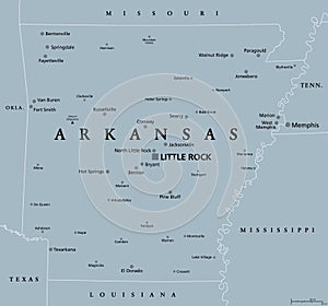 Arkansas, AR, political map, US state, nicknamed The Natural State