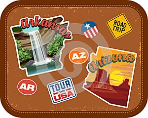 Arkansas, Arizona travel stickers with scenic attractions