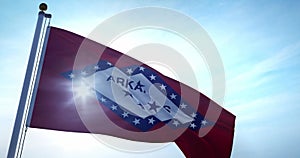 Arkansas flag waves in the sky. 4k 3d animation