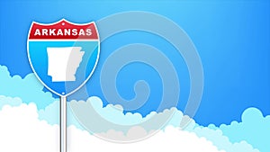Arkansas map on road sign. Welcome to State of Louisiana. Motion graphics.