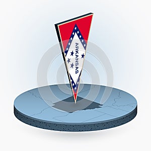 Arkansas map in round isometric style with triangular 3D flag of US State Arkansas