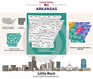 Arkansas\'s counties map. Little Rock skyline (state\'s capital and most populous city)