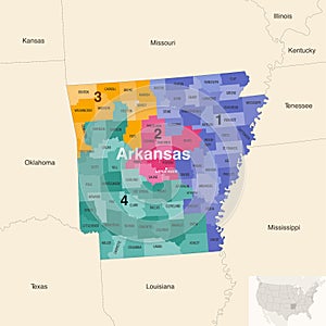 Arkansas state counties colored by congressional districts vector map with neighbouring states and terrotories